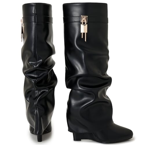 Image of Fold Over Knee High Boots for Women Pointy Pull-on Wedge Heel Knee Shark Boot With Side Zipper Covered Wedge Heel Padlock Boot