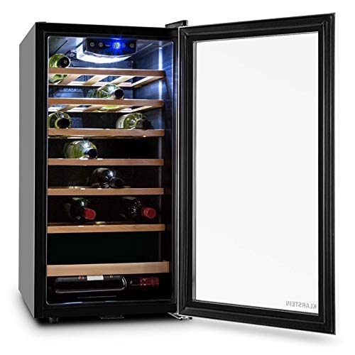 Klarstein Vivo Vino 26 - Cave à vin, Porte avec serrure, 88 litres, 26 bouteilles, Double isolation, Commande tactile, Eclairage LED, 6 étagères amovibles en bois, Argent Klarstein Vivo Vino 26 - Cave à vin, Porte avec serrure, 88 litres, 26 bouteilles, Double isolation, Commande tactile, Eclairage LED, 6 étagères amovibles en bois, Argent