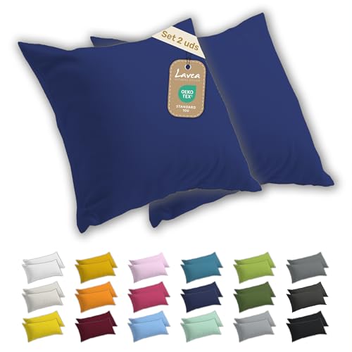 Lavea® Juego de 2 Fundas de Almohada 40 x 40 cm – Fundas de Cojín 100% Algodón Jersey Suaves y Transpirables, con Cremallera YKK de Calidad, Oeko-Tex – Azul Royal
