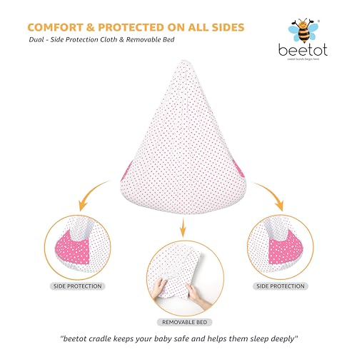 Image of Baby Swing Cradle (Jhula) for Newborns - Cloth Cradle with Removable Mattress, Mosquito Net, Spring & Triangle Hanger | Up to 15 kg | (Pink Dot)