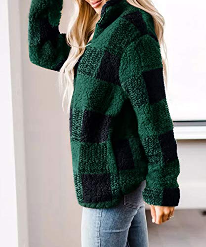 ZESICA Women's Plaid Long Sleeve Zipper Sherpa Fleece Sweatshirt Pullover Jacket Coat with Pockets Green
