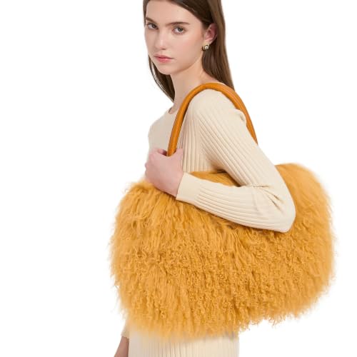 Image of Women Luxury Real Lamb /Mongolian Flush Wool Fur With Genuine Leather Handles Handbag