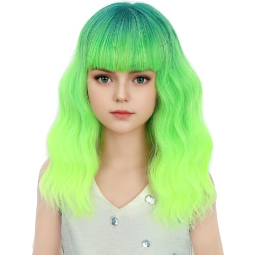 Image of Ombre Green Wig Short Lime Green Wavy Curly Wigs Neon Green Wig with Air Bangs Synthetic Cosplay Hair Wig (Small Size)