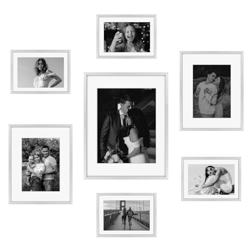 Frametory, Silver Aluminum Picture Frame with Removable Mat - Set of 7 Includes Four 5x7, Two 8x10, One 11x14 - Real Glass Front - Simple Gallery Wall Frames for Art Prints and Posters