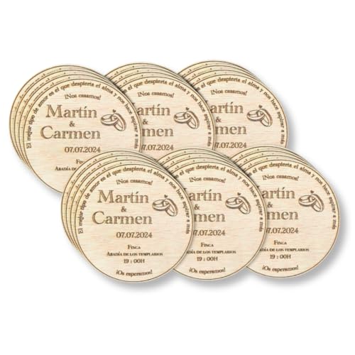 Amaisso® Invitaciones Boda Personalizadas de Madera para Novios | Detalles boda para invitados Originales y modernos | Recuerdos para bodas especiales (Circular)