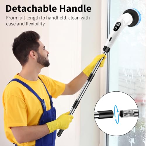 Image of GOXAWEE Electric Spin Scrubber, Cordless Cleaning Brush with 8 Replaceable Brush Heads, Power Shower Scrubber with Long Handle for Bathroom, Tub, Tile, Floor (White)