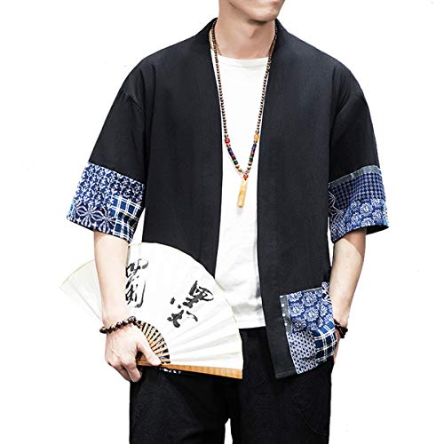 Image of PRIJOUHE Men's Kimono Jackets Cardigan Lightweight Casual Cotton Blends Linen Seven Sleeves Open Front Coat Outwear
