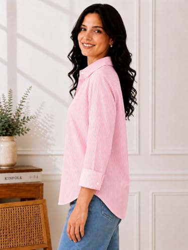 Image of Cotton Striped Shirt for Women with Long Sleeves, Ultra-Soft Cotton Blend, Regular Fit Womens Stylish Casual Shirt, Formal, Party, Beach, Summer Wear