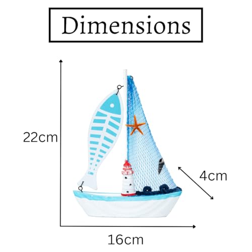 Image of Wooden Decorative Sailboat Nautical Model Showpiece - 15x4x22 cm | Miniature Sailing Boat Showpiece for Home Decor, Living Room, Office & Table Desk Decoration | Light Blue Border-Big Fish
