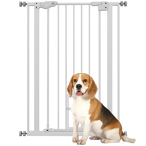 PawHut Cancellino per Cani Regolabile con Porta Piccola e Montaggio a Pressione, Barriera per Cani con Chiusura Automatica, 74-80x104.1 cm, Bianco