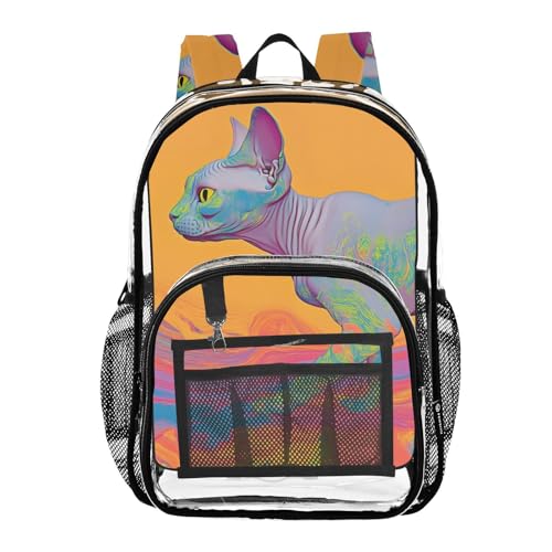Clear Backpack Cat Hairless Art, PVC Transparent Bag with Large Capacity for Boys, Girls, Men, Women, See Through Bookbag for School Work College Travel