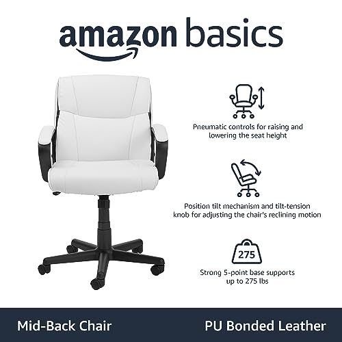Amazon Basics Classic Leather-Padded Mid-Back Office Computer Desk Chair with Armrest - White by Amazon Basics - Used condition - CA$116.74
