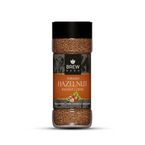 BREWSAGA Turkish Hazelnut Instant Coffee|100% Arabica|Freeze-Dried|Flavoured Coffee|No Added Sugar|Makes 30 Cups|60 Gram,Granule,Bottle