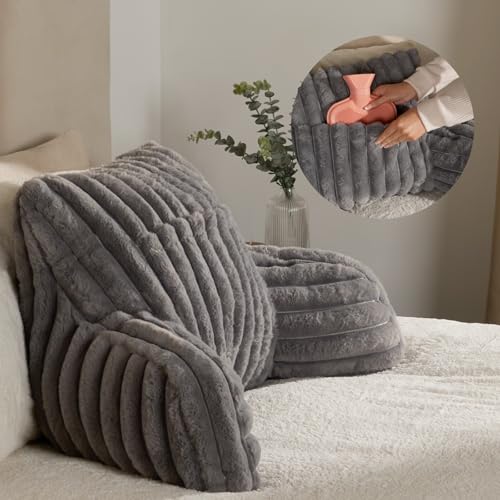 OHS Gaming Cushion for Bed, Gifts for Her Ribbed Faux Fur Back Support Cushions with Heatable Pocket Soft Cosy Snuggle Cushion with Arms Bed Seat Pillow for Relaxing Working, Grey