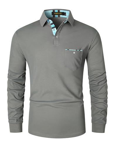 VMSUCIJ Polo Manche Longue Homme Contrasté Plaid épissure Lattice Classique Casual avec...