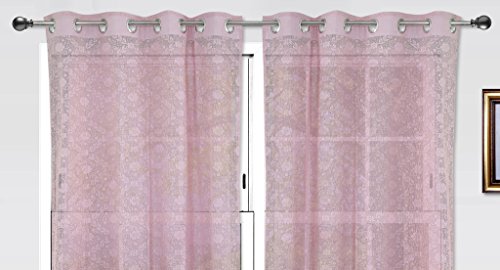 Image of Dekor World Pink Cotton Net Curtain Set (Pack of 2)-110x275cm (4x9Feet) Long Door Curtain