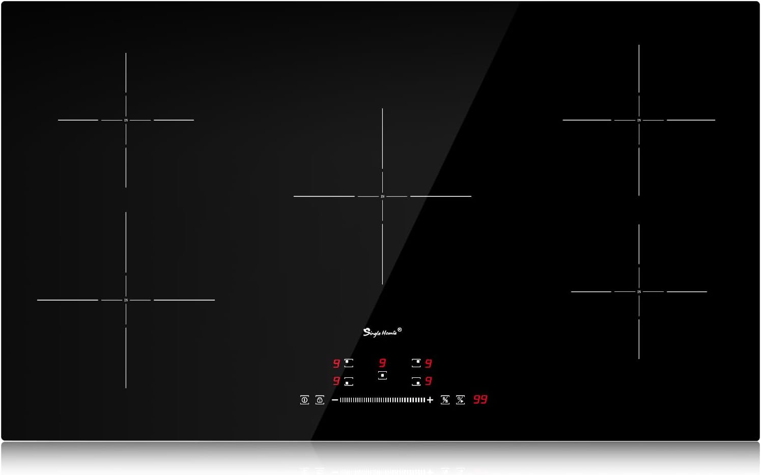 singlehomie Piano cottura induzione 5 fuochi, Piastra da 90 cm incasso, Basso rumore, Riscaldamento uniforme, con Blocco bambino, Protezione dallo spegnimento automatico, Funzione timer, 9300W, Nero