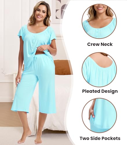 Image of NACHILA Bamboo Viscose Pajamas for Women Cooling Capri Pjs Short Sleeve Set