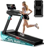 Foldable Treadmills for Home with 20% Auto Incline, 14KM/H Treadmill with Handles, Running Machine for Heavy People, 180KG Weight Capacity, Large Running Belt and Intelligent LED Touch Screen