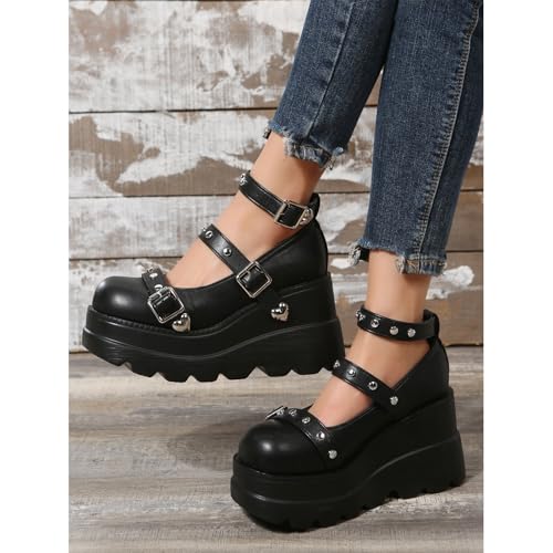 Women's Gothic Platform Mary Jane Pumps Adjustable Studded Ankle Strap Round Toe Wedge Lolita Shoes Uniform Party Dress Shoes4