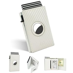 Mens Minimalist Smart Wallet with AirTag Holder, Carbon Fiber, RFID Blocking, Slim, 1-12 Card Capacity, ID Window, Cash Slot (AirTag Wallet, White)