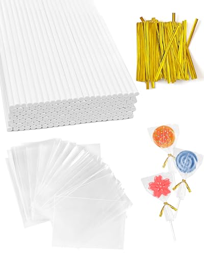300Pcs Cake Pop Sticks and Wrappers 6-inch 3.5mm Thick Paper Lollipop Sticks CHELIZIYA Cakepop Packing Kit for Candy Chocolate with 100 Sticks 100 Traet Bags 100 Twist Ties (Gold Ties)