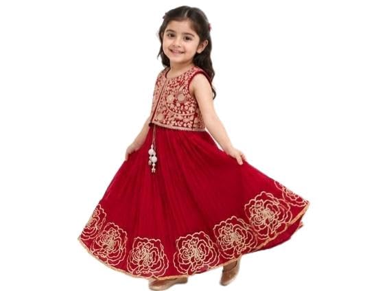 Girls Red Embroidered Ethnic Anarkali Gown with Gold Floral Work-picture-41