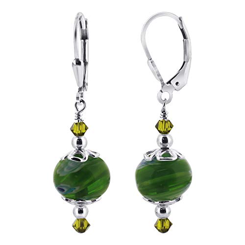 Handmade Green Glass Beads & Swarovski Elements Crystal Leverback Drop Sterling Silver Earrings
