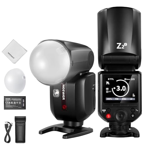NEEWER Z2 C 2.4G TTL Flash Speedlite Cabeza Redonda Compatible con Canon, 600 Flashes a Máx Potencia, 3000mAh, 76W 1/8000s HSS, 2 Lámparas Modelado, Difusor Luz, TTL/M Toggle Key para 2.4G Sistema Q