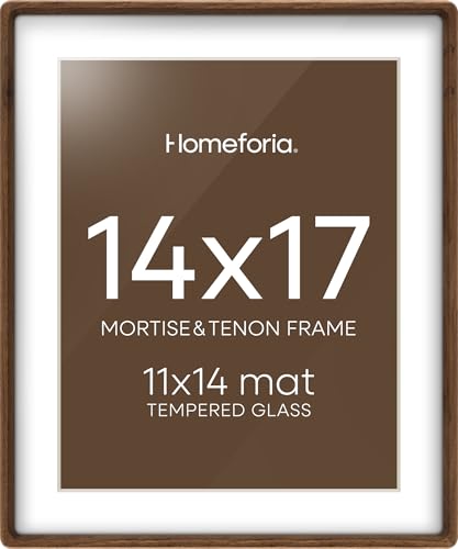Homeforia 14x17 Picture Frame Brown Wood Mortise & Tenon Walnut 14x17 Poster Frames with Mat 11x14 for Wall 14 by 17 Dark Wooden Frames Matted to 11 x 14 inch Art Tempered Glass Wall Kit Set of 1