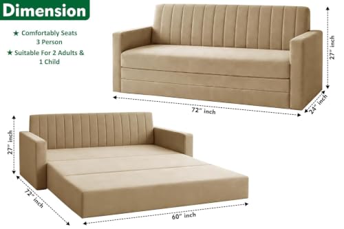 Image of Modern Three Seater Sofa Cum Bed with Armrest, Velvet Fabric Sofa for Living Room, Space Saving Foldable Sleeper Sofa, (Golden Color)