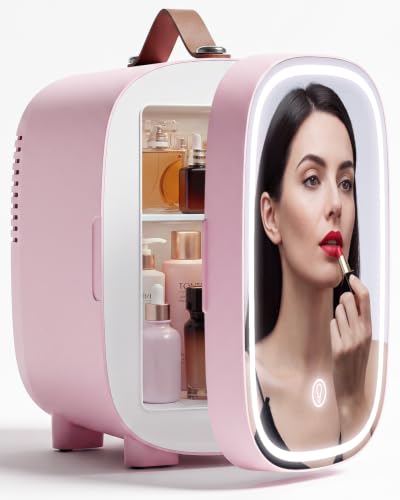 Image of Mini Fridge for Bedroom, 4 Liter /6 Can Skincare Fridge With LED Mirror & Leather Carrying Handle, AC /DC Cooler & Warmer Portable Small Refrigerator for Drinks, Makeup, Dorm, Office and Car(Pink)