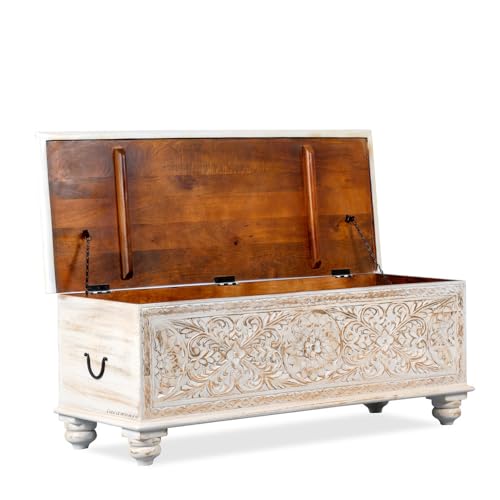 Image of Wifo Solid Wood Coffee Table for Living Room Wooden Trunk Box for Storage | Handcrafted Center Table for Living Room with Sandook Storage | Pitara for Home and Bedroom (White Distress)
