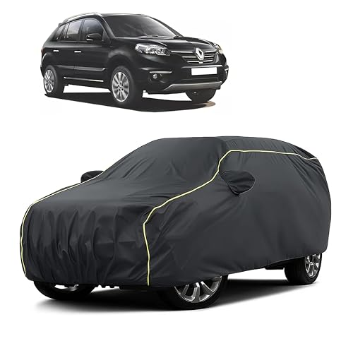Image of Sulfar 100% Water Resistant Car Body Cover Compatible with Mirror for Renault Koleos (Triple Stitched, Full Bottom Elastic, Dark Grey Taffeta with Yellow Piping)