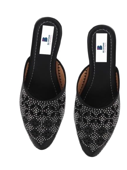 Women's Embellished Mule Sandals | Slip-On Ethnic Flat with Cutwork & Rhinestone Detailing | Open Back Comfortable Casual Footwear for Women & Girls-image-24