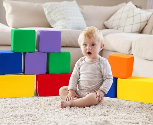 Image of Toddler Foam Buliding Blocks - 12 Piece in 2 Shapes Fabric Covered Stacking Block Sets -Soft Play Set for Kids Idea for Building and Throwing Fun-Red