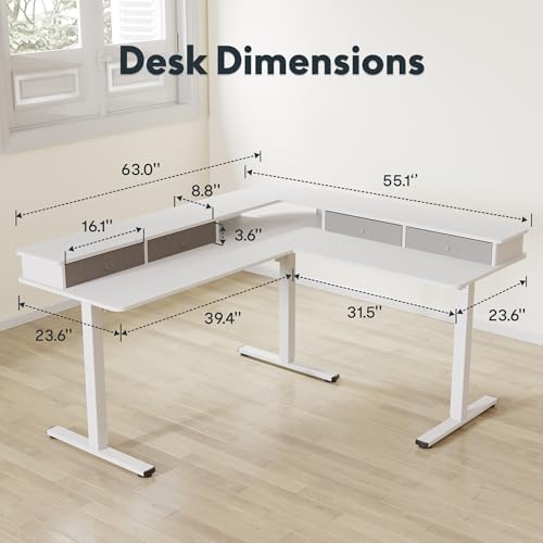 Image of FLEXISPOT 63 inch L Shaped Standing Desk with Shelf Electric Corner Table, Drawers, Adjustable Computer Workstation for Home, Office,63x55in, White Top + White Frame