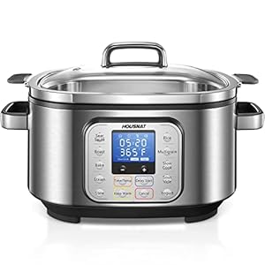 Slow Cooker, HOUSNAT 10 in 1 Programmable Cooker, 6Qt Stainless Steel, Rice Cooker, Yogurt Maker, Delay Start, Steaming Rack and Glass Lid, Adjustable Temp&Time for Slow Cook with Digital Timer