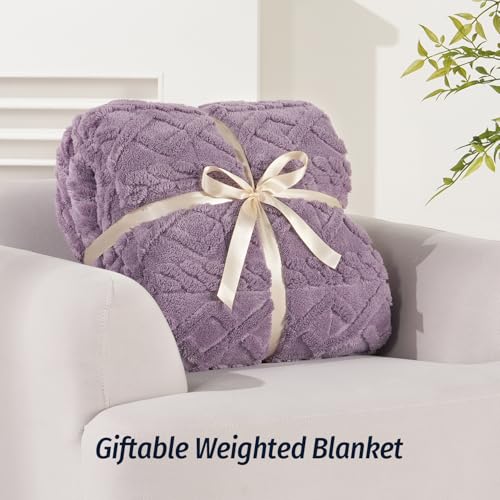 Wemore Weighted Blanket for Adults Twin Size 15 lbs, Dual Sided Soft Fuzzy Jacquard Sherpa Weighted Blankets for Sleeping, Cozy Fluffy Knitted Heavy Blanket for Couch Bed, Purple, 48 x 72 inches