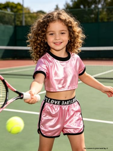 Image of Betusline Girls Summer 2 Piece Outfits,Kids Short Sleeve Crop Top & Shorts Set with Side Pockets