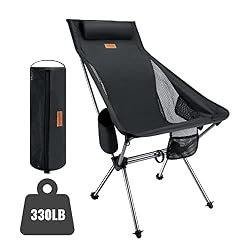 MATEPROX Sedia Pieghevole da Campeggio con Schienale Alto Impermeabile Resistente Portatile Carico 150KG Sediette Mare con Poggiatesta e Tasca, Sedia da Campeggio Deluxe per Picnic, Pesca-Nero