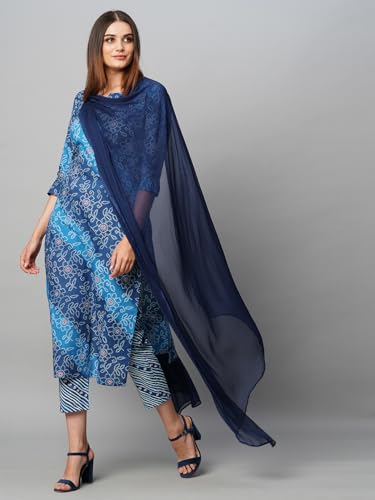 Image of GoSriKi Women's Cotton Blend Printed Straight Kurta with Pant & Dupatta