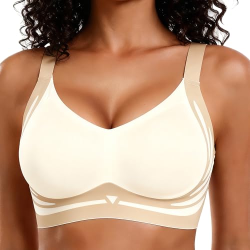 FHTECO Smoothing Bra Anti Sagging Wireless Push Up Bras for Women No Underwire Full Coverage Bra Comfy Bras for Women (US, Alpha, X-Large, Regular, Regular, Jelly-Cream)
