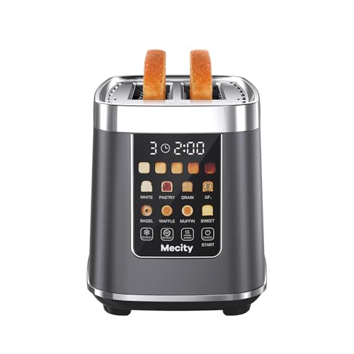 Image of Mecity 2 Slice Toaster with Touch Screen & Auto Lift, Stainless Steel Cool-Touch Toaster with 8 Bread Settings, 5 Shade Levels, 1200W High Power, Keep Warm & Reheat Function, Metallic Grey, 120V