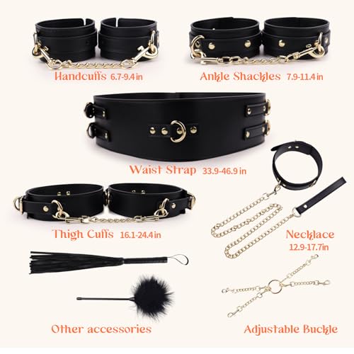 Image of Sex Bondage BDSM Restraints Kit Adult Toys with Neck Collar Ankle Handcuffs, Jornujna Bed Bondage Thigh Cuff Waist Strap Harness Restraints Sets, 8PCS Tickler Bondage Gear & Accessories for SM Games