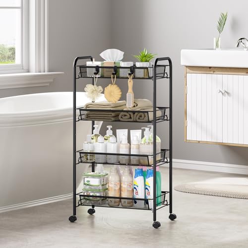 SYKIARIOL 4-Tier Metal Utility Cart, Mesh Wire Rolling Cart on Wheels, Storage Trolley with Easy Assembly, Organizer Craft Cart 3 Hooks, Mobile Shelving Unit for Bathroom, Laundry Room, Home - Thumbnail 2