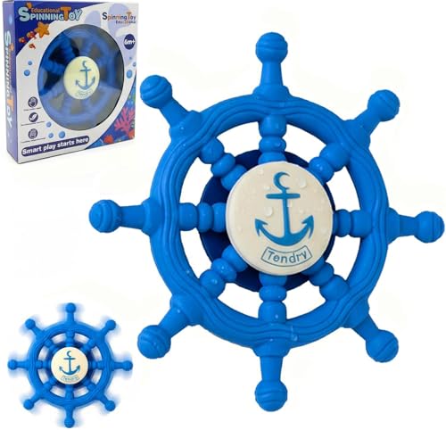 Image of Baby Suction Spinner Toys for Bathtub, Silicone Toddler Bath & High Chair Toys for 1 Year Old Boy/Girl Birthday Gift, Interactive Ship Steering Wheel InfantToy for Car Window Travel-Blue