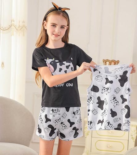 uideazone Girls Pajamas 3 Pieces Set Shirts&Tank Shorts Pjs Sets Cute Sleepwear Size 5-143