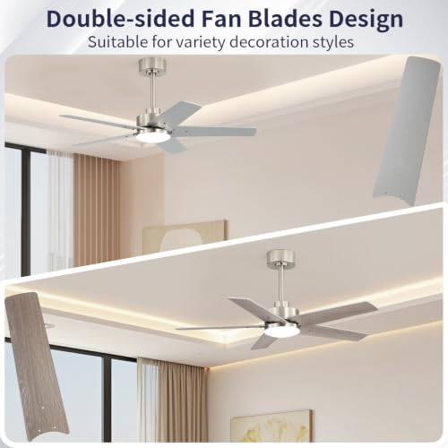Image of 42 Inch Ceiling Fans with Lights and Remote, Bedroom Living Room Kitchen Home Office Indoor /Outdoor, 6CCT Dimmable, Dual Color 5 Blades, 6 Speed Reversible Quiet DC Motor, Sand-nickel /Wood Grain