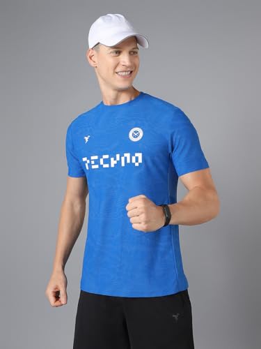 Image of TECHNOSPORT Men Cricket Fan T-Shirt IPL Printed Casual Sportswear Tee Typography Print Slim Fit Round Neck Short Sleeve Polyester Sports Tshirt for MenIPL MensJersey